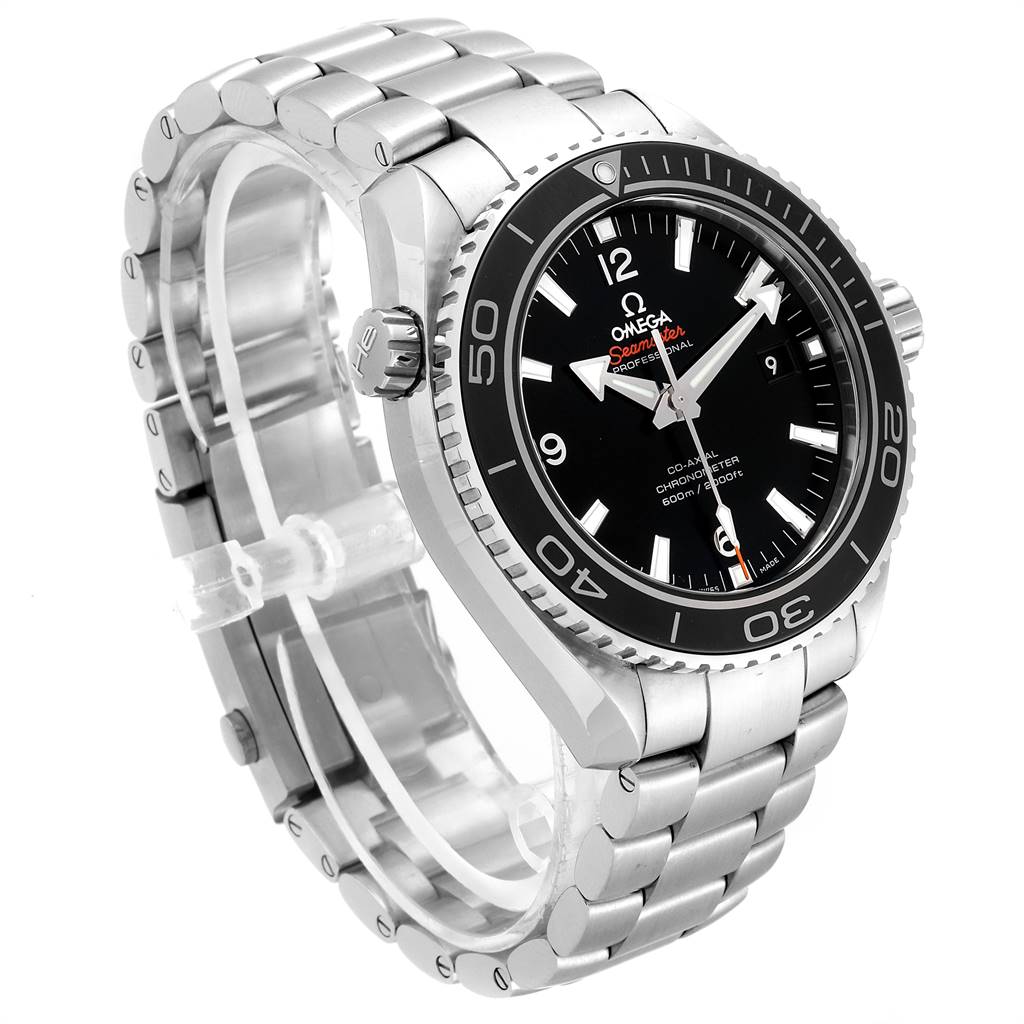 This image shows a side and top view of an Omega Planet Ocean 232.30.46.21.01.001 Men
s Stainless Steel Black Dial 232.30.46.21.01.001 Men
s Stainless Steel Black Dial watch, highlighting the dial, bezel, and stainless steel bracelet.