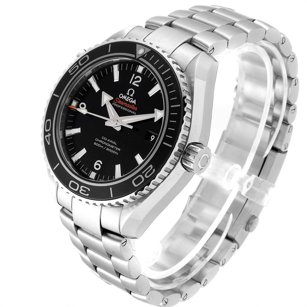 The image shows a Planet Ocean model by Omega from an oblique angle, highlighting the face, bezel, crown, and bracelet.