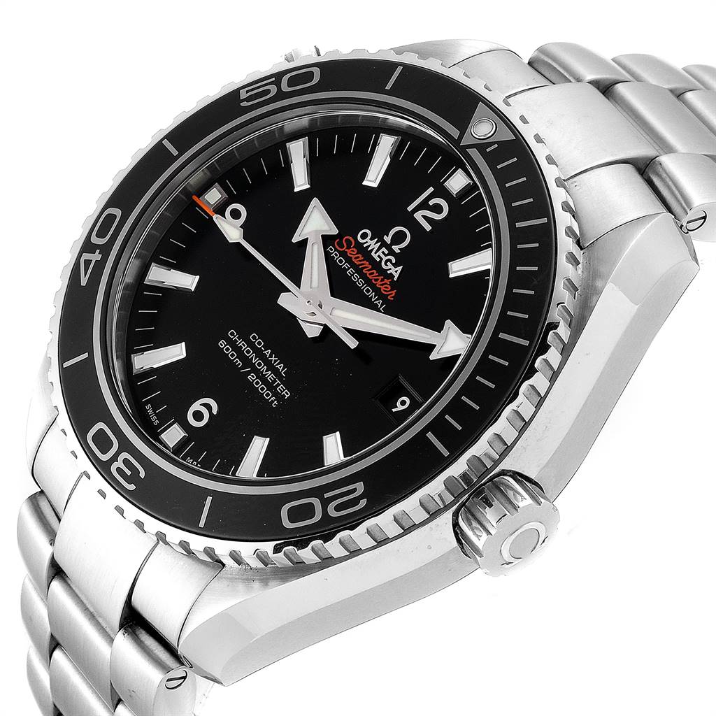 This Omega Planet Ocean 232.30.46.21.01.001 Men
s Stainless Steel Black Dial 232.30.46.21.01.001 Men
s Stainless Steel Black Dial watch is shown from a three-quarter angle, highlighting its bezel, dial, hands, and bracelet.