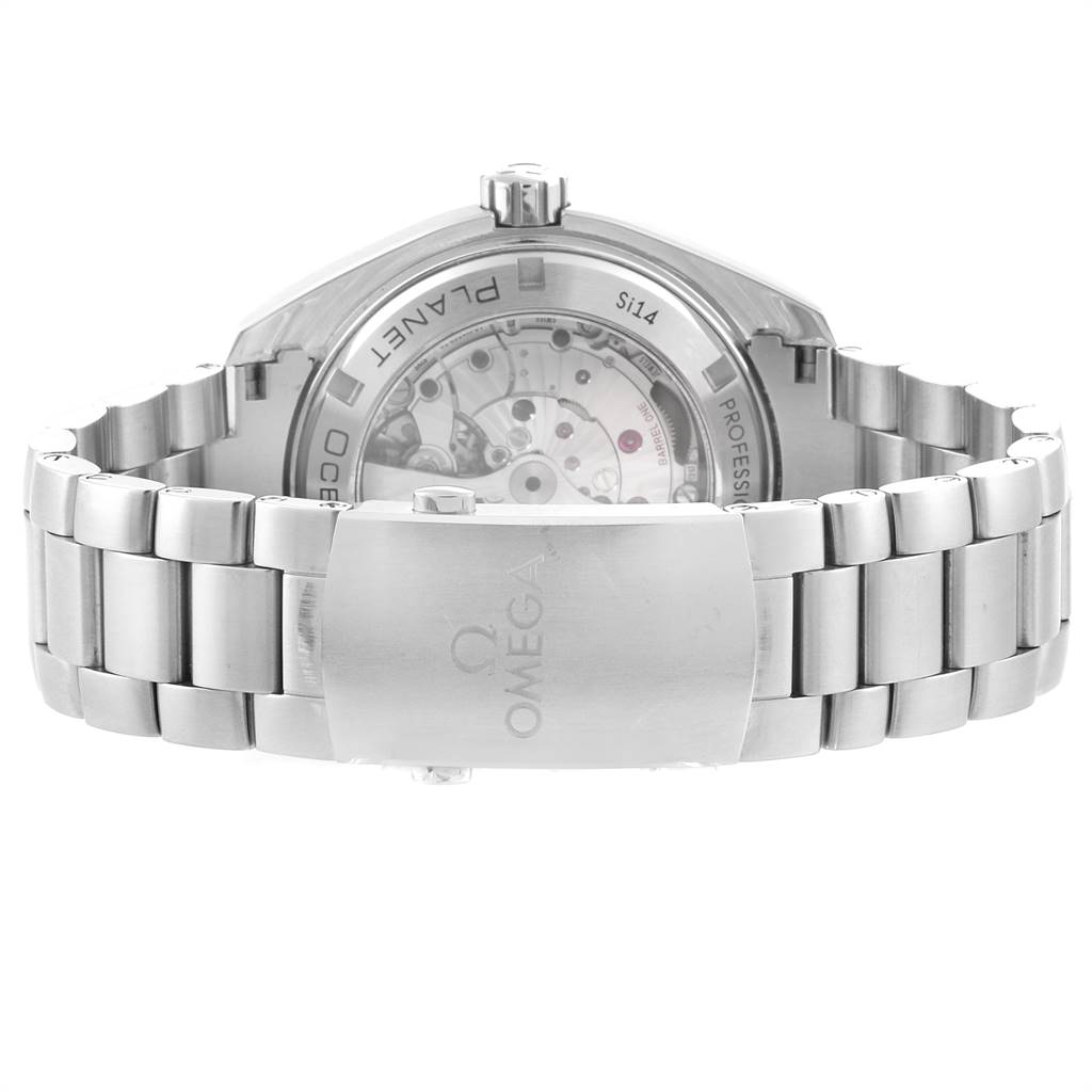 The image shows the back view of the Omega Planet Ocean 232.30.46.21.01.001 Men
s Stainless Steel Black Dial 232.30.46.21.01.001 Men
s Stainless Steel Black Dial watch, highlighting the clasp and case back.