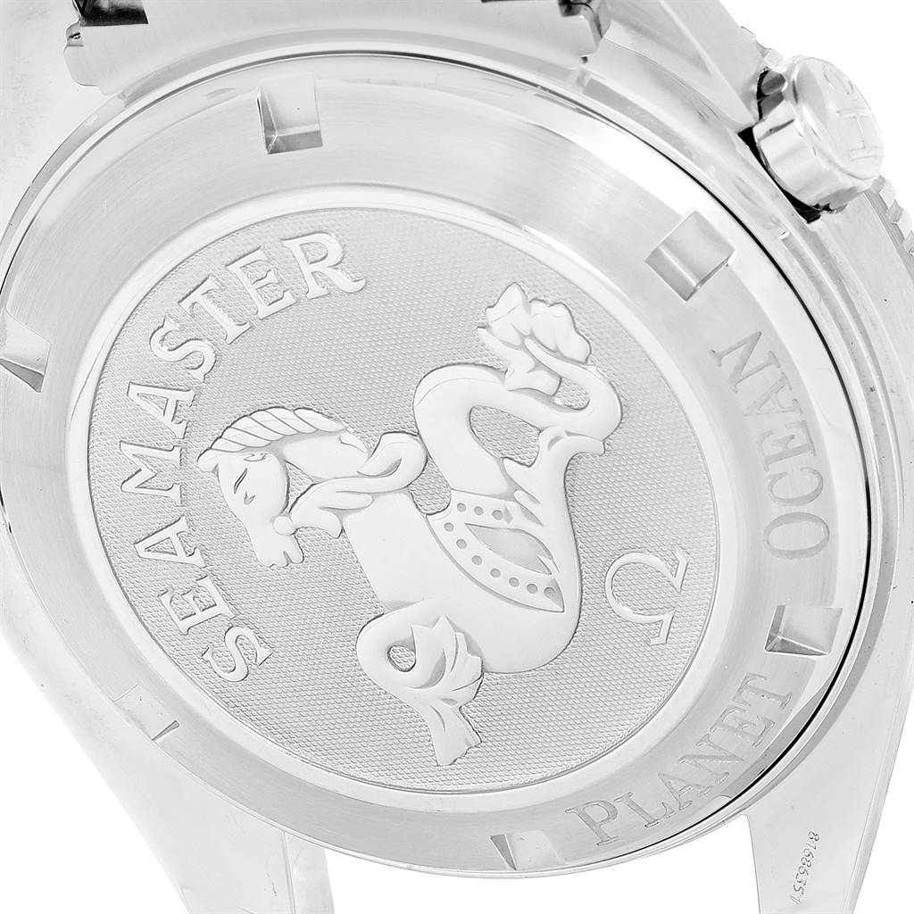 This image shows the back case of the Omega Planet Ocean 2209.50.00 Men
s Stainless Steel Black Dial 2209.50.00 Men
s Stainless Steel Black Dial watch, featuring the Seamaster emblem and engraved markings.