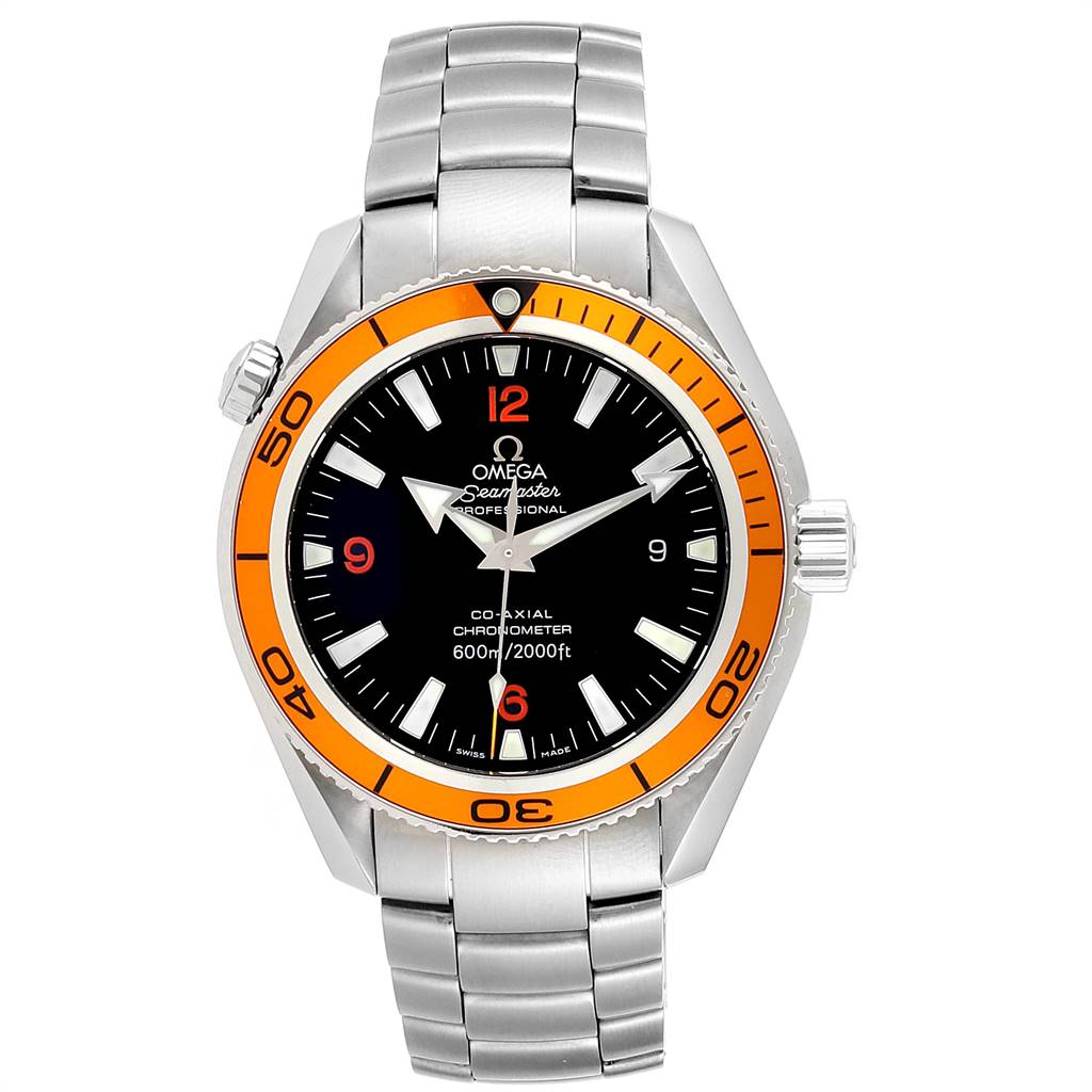 The image shows an Omega Planet Ocean 2209.50.00 Men
s Stainless Steel Black Dial 2209.50.00 Men
s Stainless Steel Black Dial watch from a front angle, featuring an orange bezel and stainless steel bracelet.