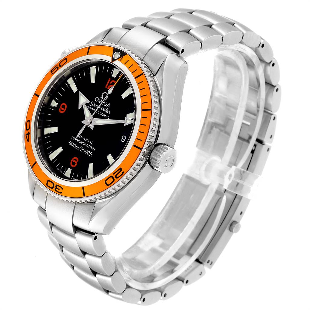 The Omega Planet Ocean 2209.50.00 Men
s Stainless Steel Black Dial 2209.50.00 Men
s Stainless Steel Black Dial watch is shown from a three-quarter angle, highlighting the orange bezel, dial, crown, and bracelet.