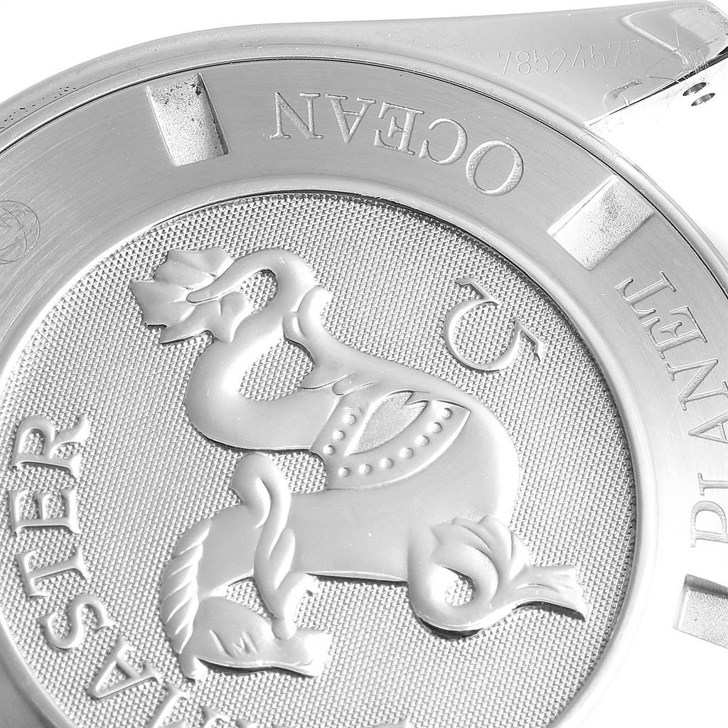 This image shows the back casing of an Omega Planet Ocean 2218.50.00 Men
s Stainless Steel Black Dial 2218.50.00 Men
s Stainless Steel Black Dial watch, featuring detailed engravings.