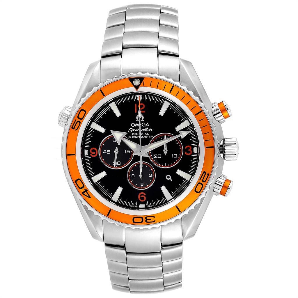 The image shows a front view of the Omega Planet Ocean 2218.50.00 Men
s Stainless Steel Black Dial 2218.50.00 Men
s Stainless Steel Black Dial watch with an orange bezel and stainless steel bracelet.