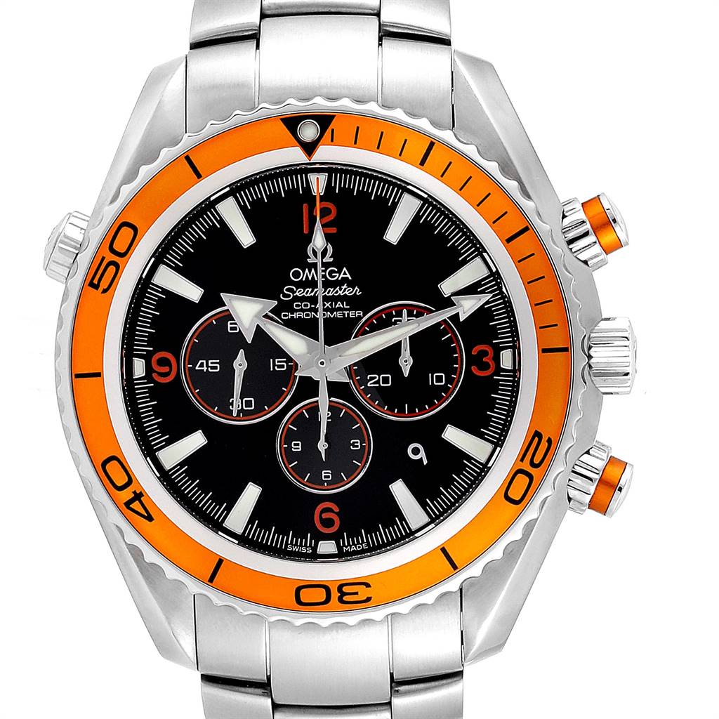 The image shows a front view of the Omega Planet Ocean 2218.50.00 Men
s Stainless Steel Black Dial 2218.50.00 Men
s Stainless Steel Black Dial watch, highlighting its orange bezel, black dial, and stainless steel bracelet.