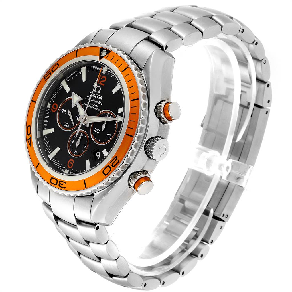 This Omega Planet Ocean 2218.50.00 Men
s Stainless Steel Black Dial 2218.50.00 Men
s Stainless Steel Black Dial watch is shown at a three-quarter angle displaying its orange bezel, chronograph dials, and metal bracelet.