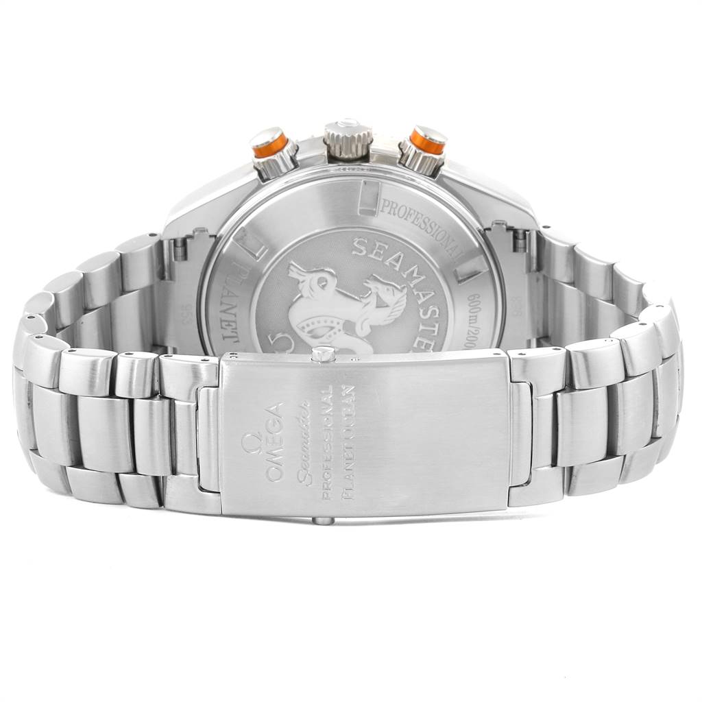 This image shows the back case and bracelet of an Omega Planet Ocean 2218.50.00 Men
s Stainless Steel Black Dial 2218.50.00 Men
s Stainless Steel Black Dial watch, highlighting the engraved case back and clasp.