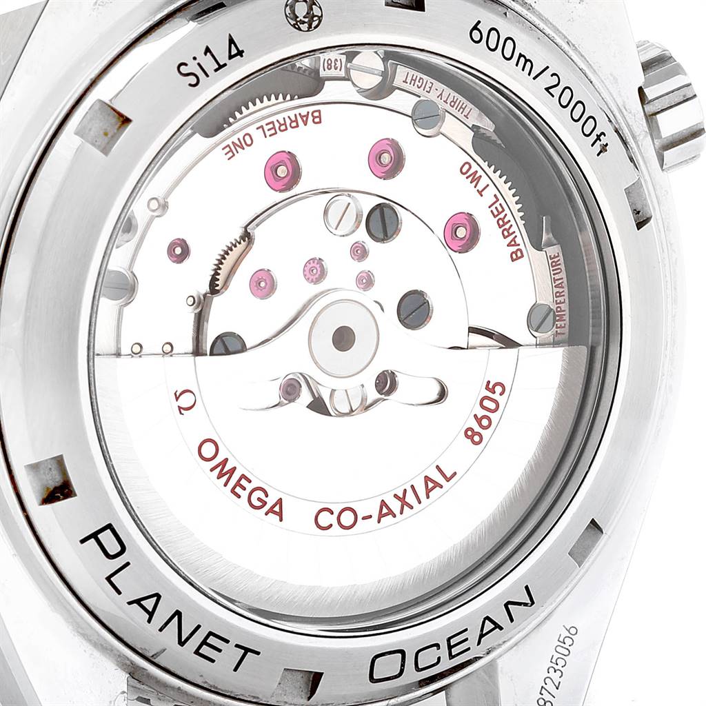 The image shows the back view of the Omega Planet Ocean 232.30.44.22.01.001 Men's Stainless Steel Black Dial 232.30.44.22.01.001 Men's Stainless Steel Black Dial watch, highlighting its movement mechanisms and engravings.