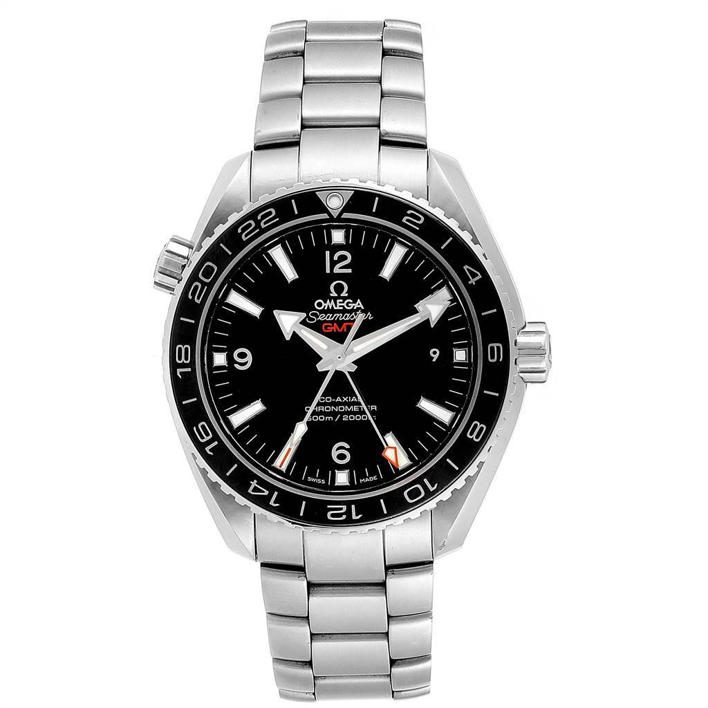 The image shows a front view of an Omega Planet Ocean 232.30.44.22.01.001 Men's Stainless Steel Black Dial 232.30.44.22.01.001 Men's Stainless Steel Black Dial Seamaster GMT watch, displaying the face, bezel, and stainless steel bracelet.