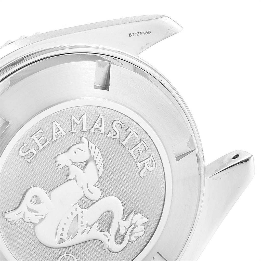 The image shows an angled close-up of the case back and lugs of an Omega Planet Ocean 2200.50.00 Men
s Stainless Steel Black Dial 2200.50.00 Men
s Stainless Steel Black Dial watch with the "Seamaster" emblem.