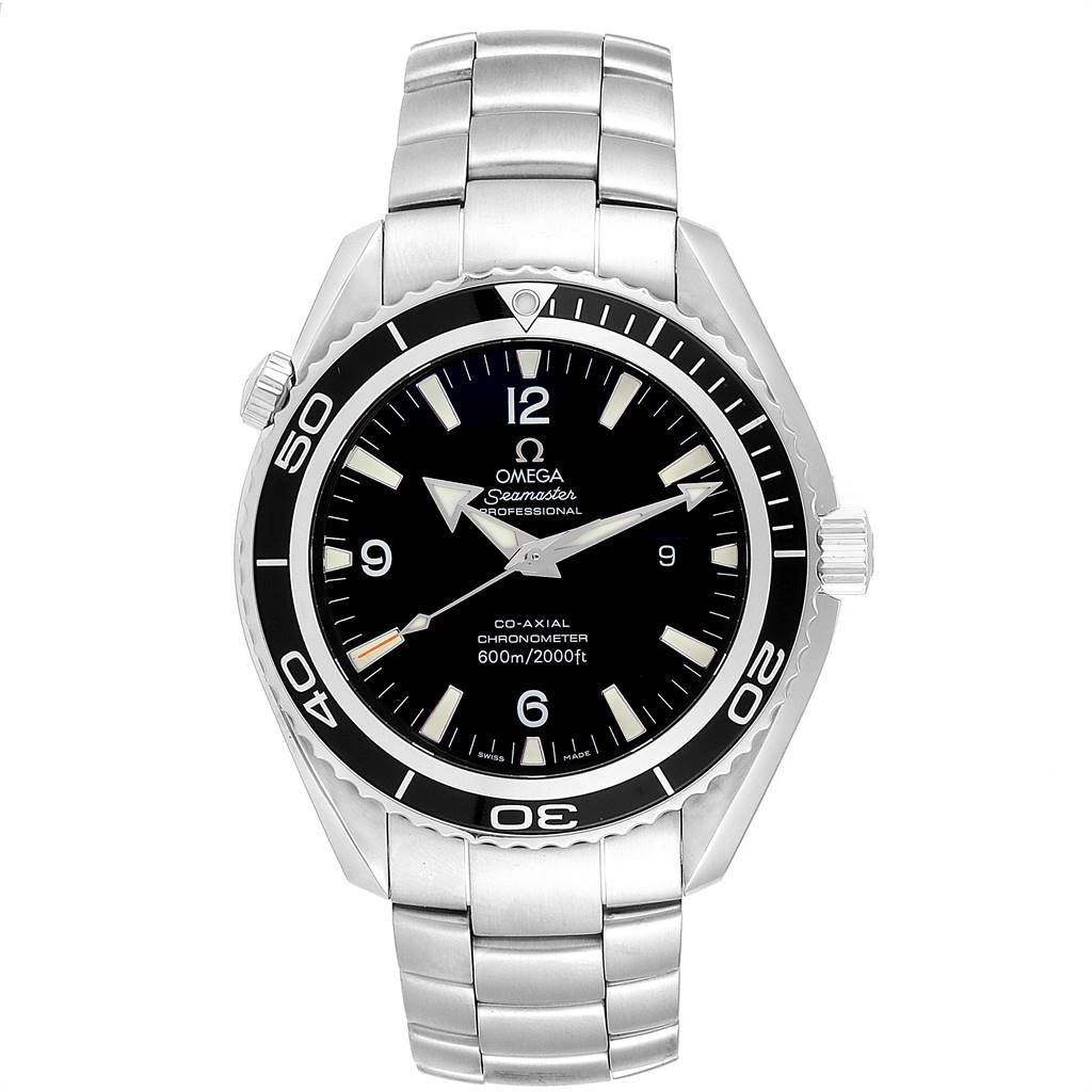 The Omega Planet Ocean 2200.50.00 Men
s Stainless Steel Black Dial 2200.50.00 Men
s Stainless Steel Black Dial watch is shown from a front angle, displaying its dial, bezel, and metal bracelet.