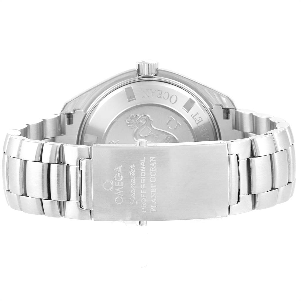 The image shows the back case and full metal bracelet of the Omega Planet Ocean 2200.50.00 Men
s Stainless Steel Black Dial 2200.50.00 Men
s Stainless Steel Black Dial watch, focusing on the clasp and case back.