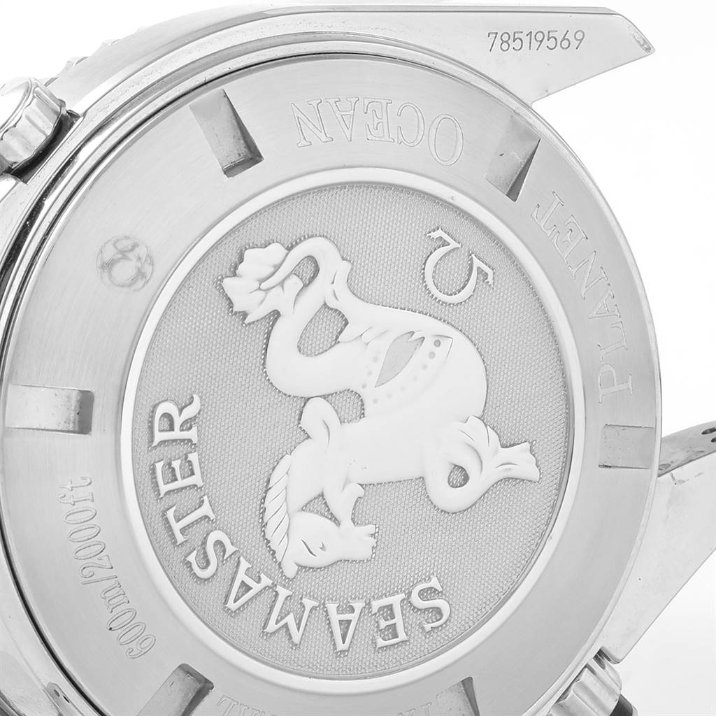 The image shows the case back of the Omega Planet Ocean 2210.50.00 Men's Stainless Steel Black Dial 2210.50.00 Men's Stainless Steel Black Dial watch, featuring the Seamaster emblem and text detailing specifications.