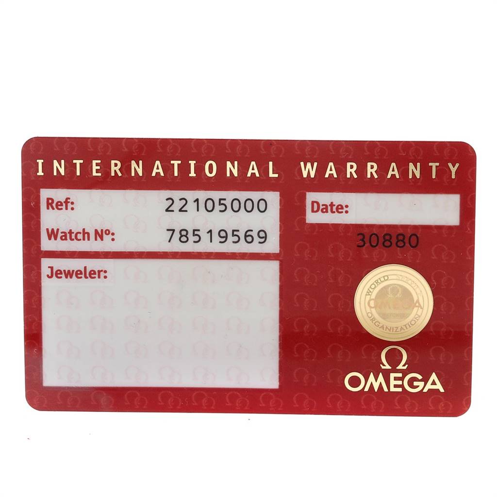 The image shows an international warranty card for the Omega Planet Ocean 2210.50.00 Men's Stainless Steel Black Dial 2210.50.00 Men's Stainless Steel Black Dial model watch.