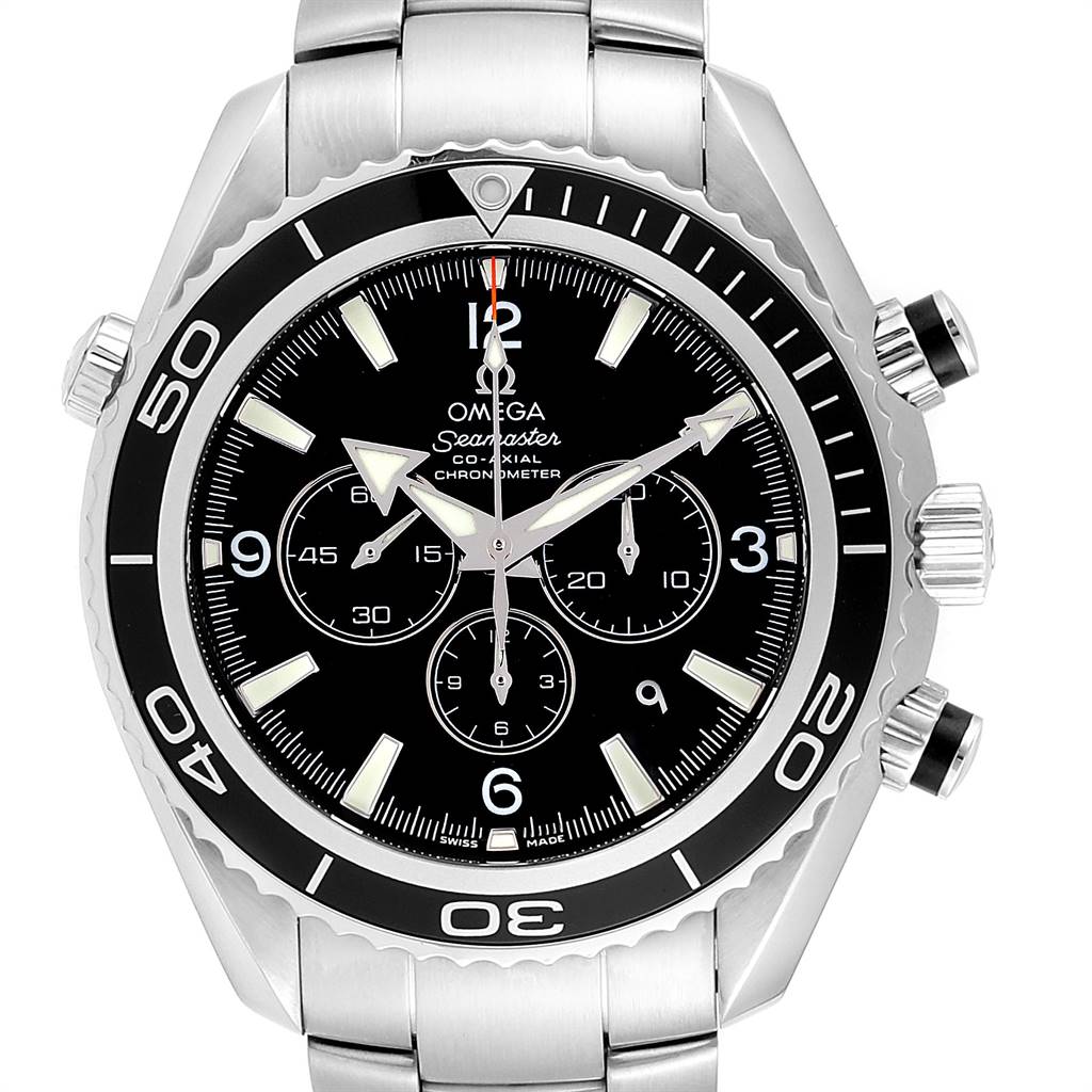 This is a front view of the Omega Planet Ocean 2210.50.00 Men's Stainless Steel Black Dial 2210.50.00 Men's Stainless Steel Black Dial watch, showcasing its bezel, dial, crown, pushers, and bracelet.