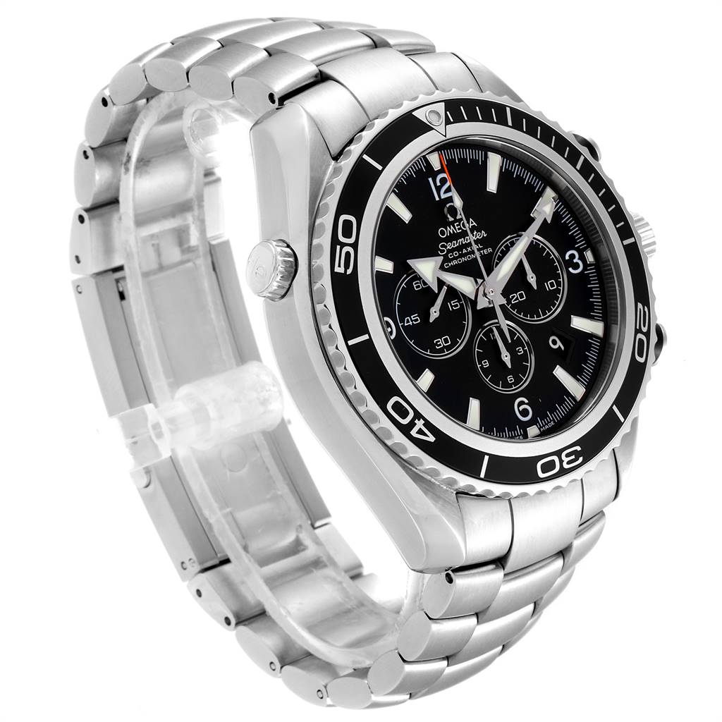 The image shows an angled view of an Omega Planet Ocean 2210.50.00 Men's Stainless Steel Black Dial 2210.50.00 Men's Stainless Steel Black Dial watch, highlighting the face, bezel, and metal bracelet.