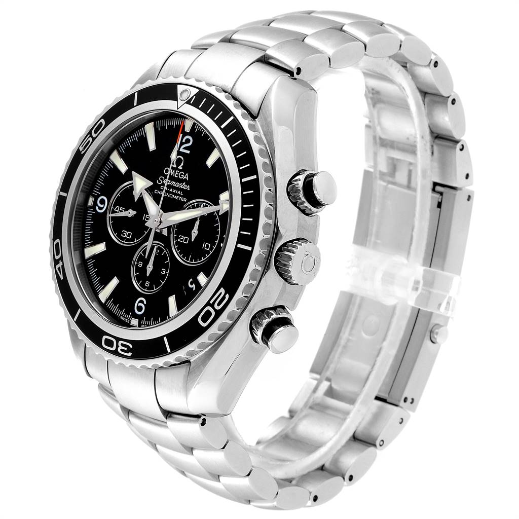 The Omega Planet Ocean 2210.50.00 Men's Stainless Steel Black Dial 2210.50.00 Men's Stainless Steel Black Dial watch is shown at an angle highlighting the bezel, dial, chronograph buttons, and metal bracelet.