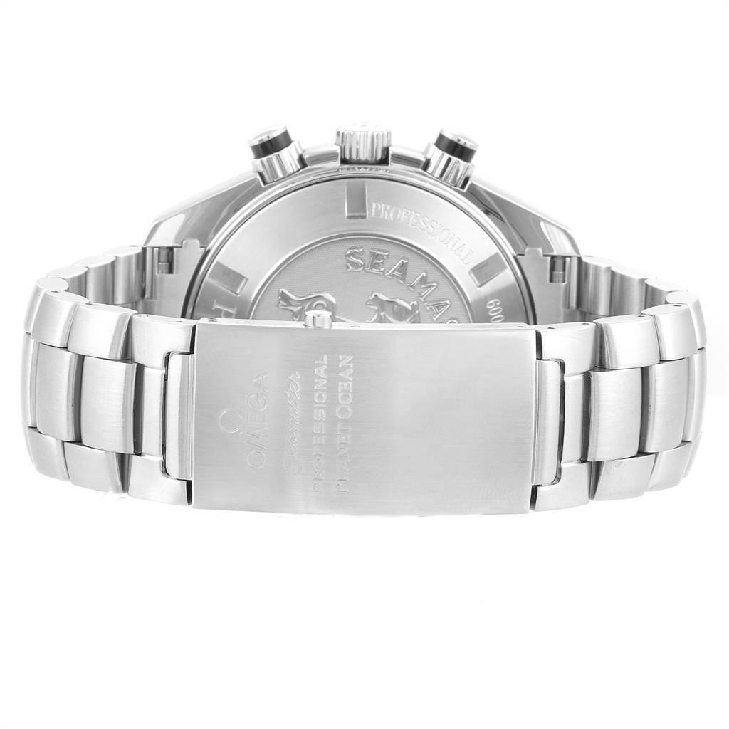 This image shows the back case and clasp of the Omega Seamaster Planet Ocean watch from a rear angle.