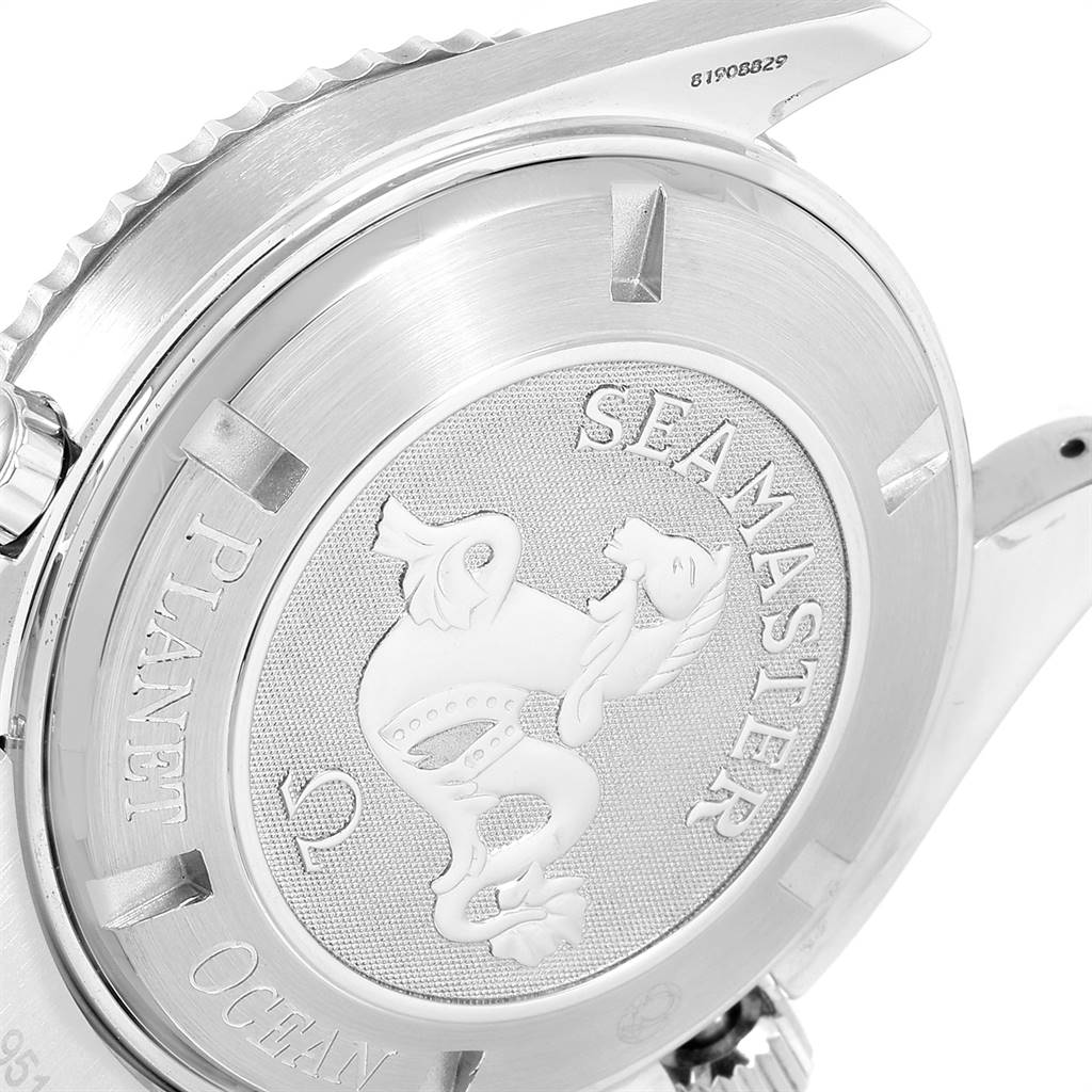 Close-up view of the case back of the Omega Planet Ocean 2208.50.00 Men
s Stainless Steel Black Dial 2208.50.00 Men
s Stainless Steel Black Dial watch, showing the "Seamaster" logo.