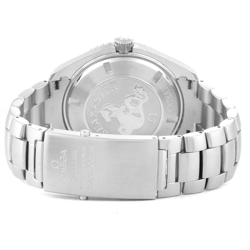 The image shows the back view of the Omega Planet Ocean 2208.50.00 Men
s Stainless Steel Black Dial 2208.50.00 Men
s Stainless Steel Black Dial watch, featuring its case back and stainless steel bracelet clasp.