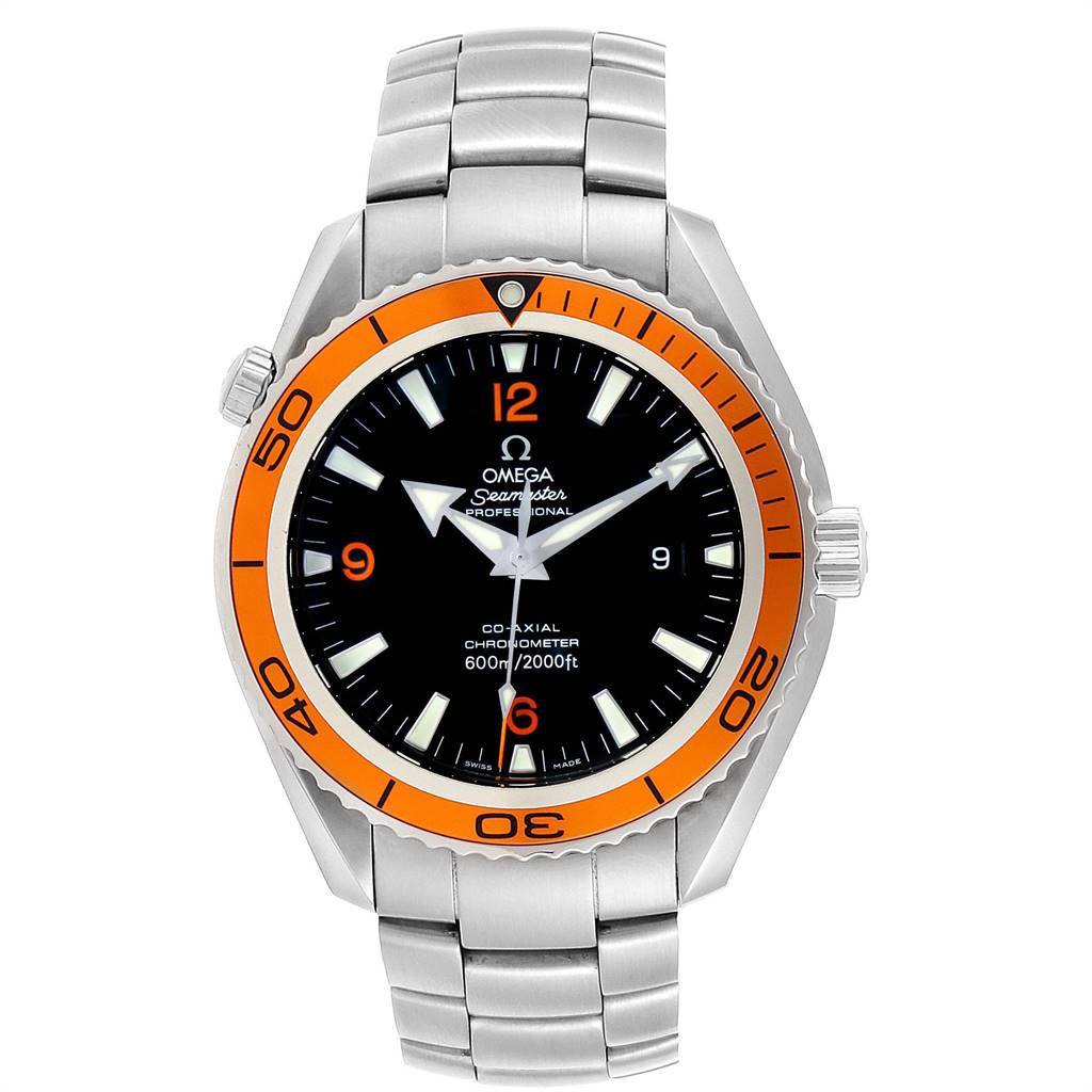The Omega Planet Ocean 2208.50.00 Men
s Stainless Steel Black Dial 2208.50.00 Men
s Stainless Steel Black Dial watch is shown from a front angle, displaying its orange bezel, black dial, and metal bracelet.