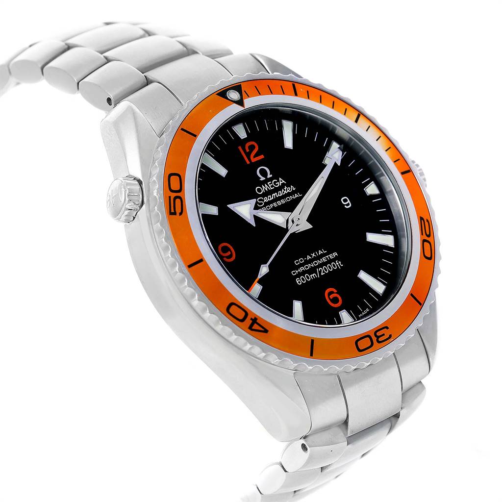 The image shows an angled view of the Omega Planet Ocean 2208.50.00 Men
s Stainless Steel Black Dial 2208.50.00 Men
s Stainless Steel Black Dial watch with a stainless steel bracelet and orange bezel.