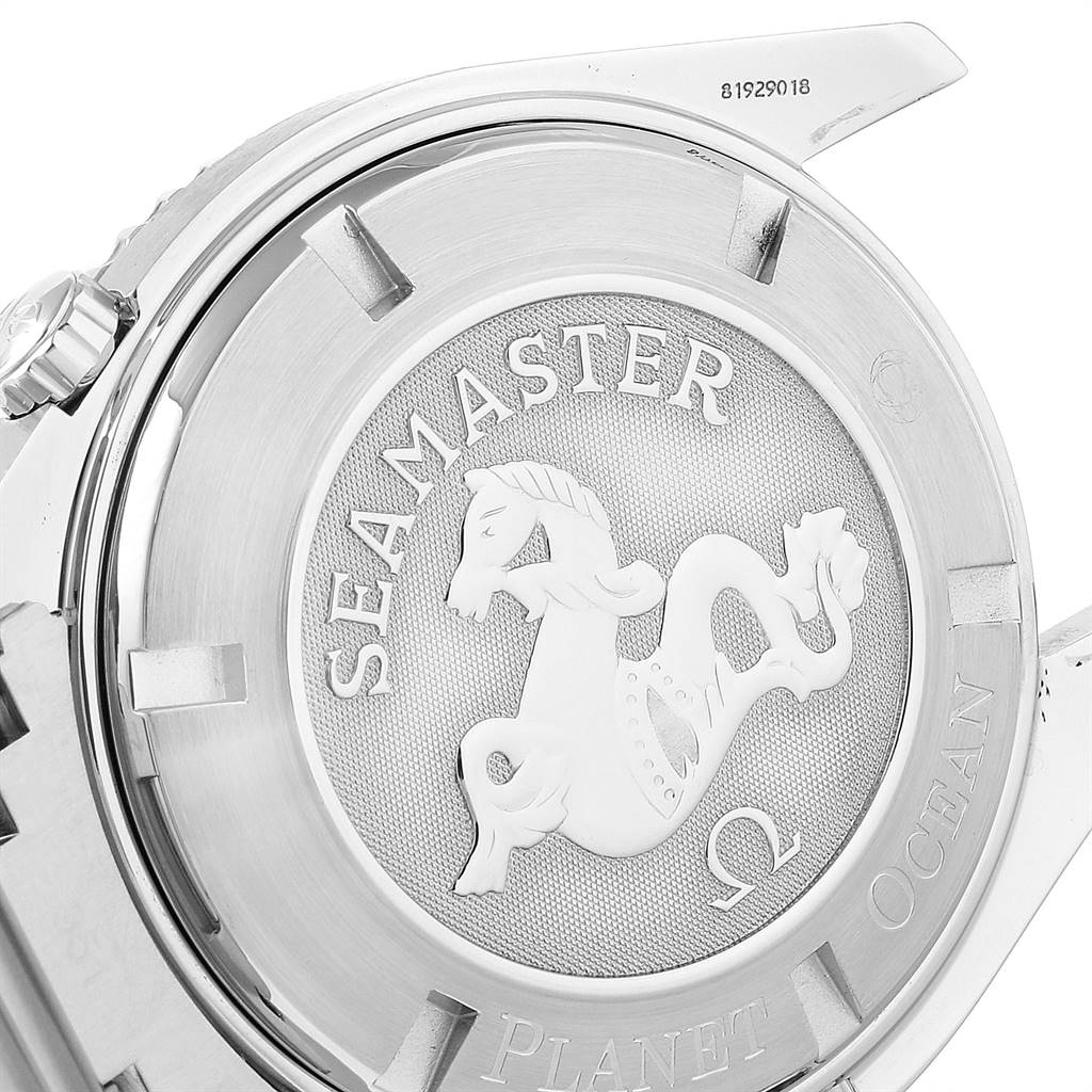 The image shows the case back of the Omega Seamaster Planet Ocean watch, featuring the seahorse logo and engraved text.
