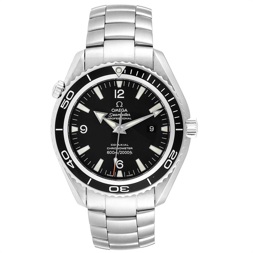 This Omega Planet Ocean 2201.50.00 Men
s Stainless Steel Black Dial 2201.50.00 Men
s Stainless Steel Black Dial model watch is shown from a front angle, displaying its face, bezel, and metal bracelet.