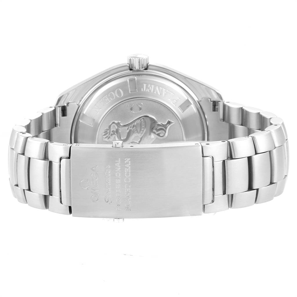 The image shows the back view of the Omega Planet Ocean 2201.50.00 Men
s Stainless Steel Black Dial 2201.50.00 Men
s Stainless Steel Black Dial watch, highlighting the clasp and engraved case back.