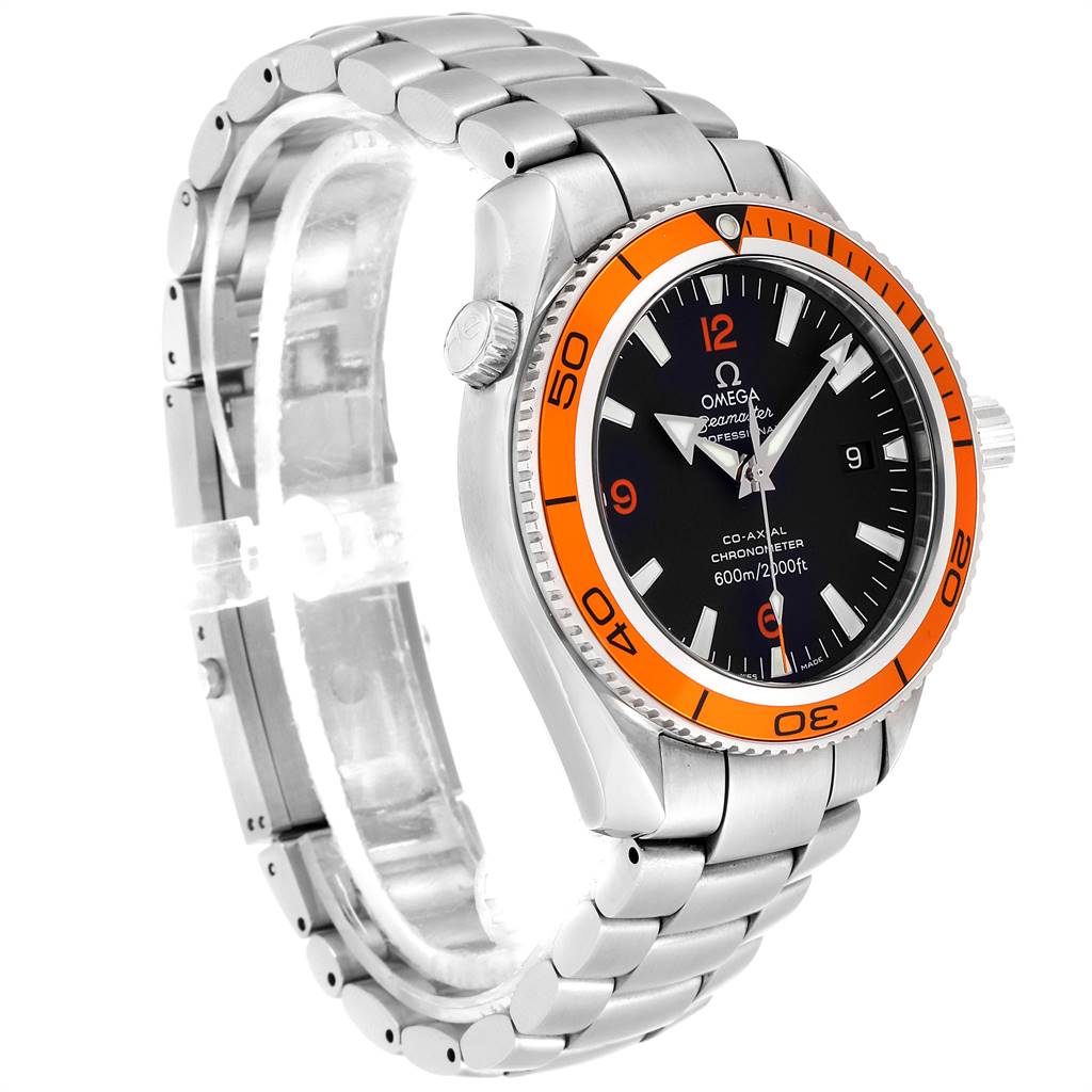 This Omega Planet Ocean 2209.50.00 Men
s Stainless Steel Black Dial 2209.50.00 Men
s Stainless Steel Black Dial watch is shown from an angled side view, featuring its stainless steel bracelet and orange bezel.