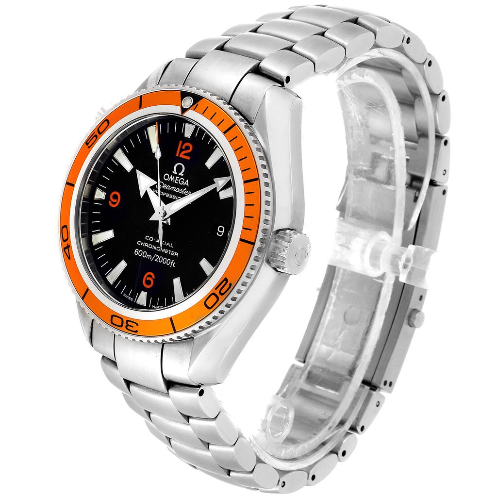 The Omega Planet Ocean 2209.50.00 Men
s Stainless Steel Black Dial 2209.50.00 Men
s Stainless Steel Black Dial watch is shown at a three-quarter angle, highlighting the face, bezel, and metal bracelet.