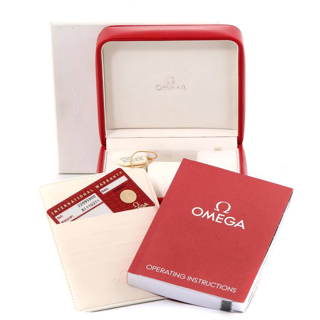 The image shows the packaging, operating instructions, and international warranty card for an Omega Planet Ocean 2209.50.00 Men
s Stainless Steel Black Dial 2209.50.00 Men
s Stainless Steel Black Dial watch from a front angle.