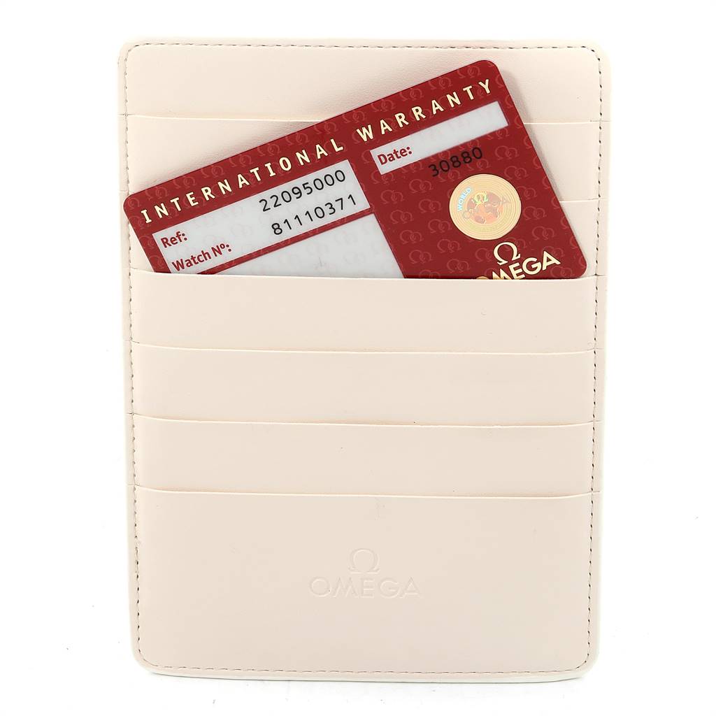 The image shows an Omega Planet Ocean 2209.50.00 Men
s Stainless Steel Black Dial 2209.50.00 Men
s Stainless Steel Black Dial International Warranty card in a cardholder.