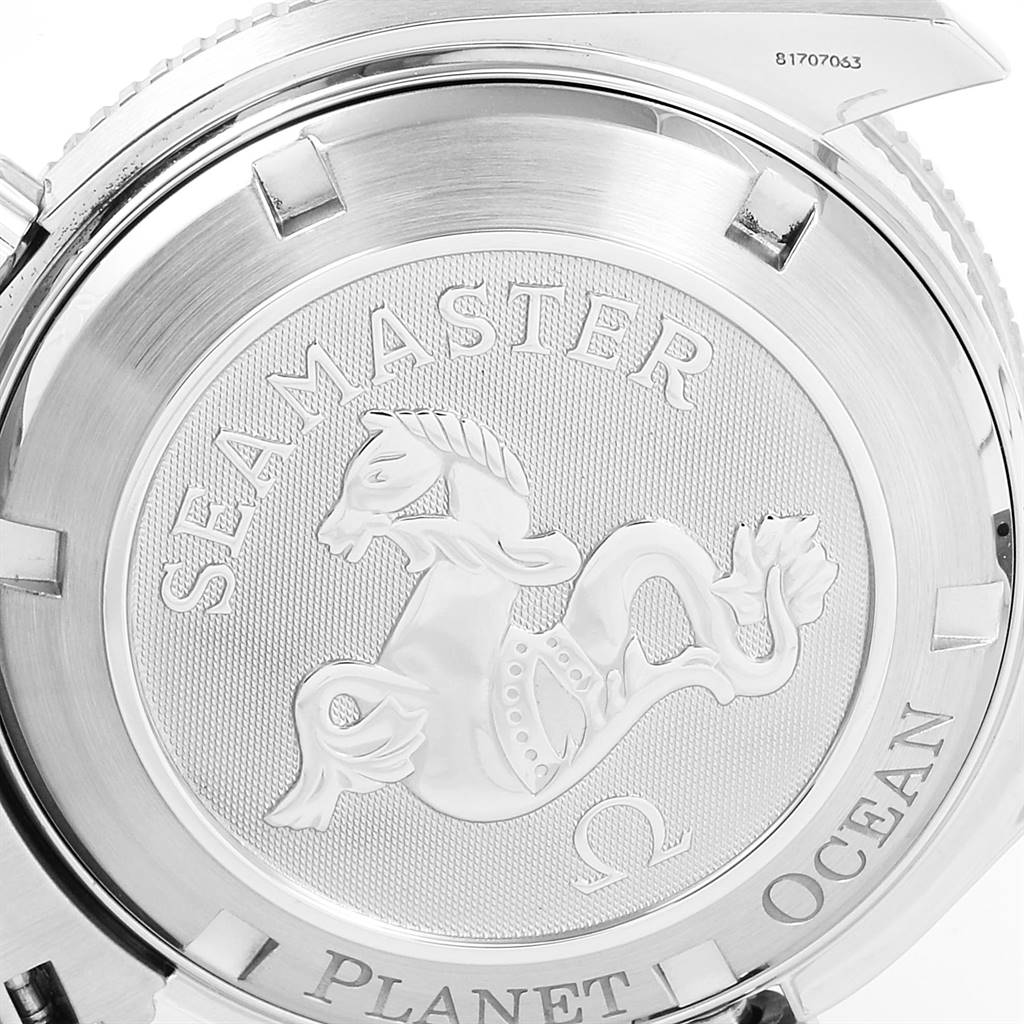 This image shows the case back of an Omega Planet Ocean 2201.51.00 Men
s Stainless Steel Black Dial 2201.51.00 Men
s Stainless Steel Black Dial watch, featuring the Seamaster logo.