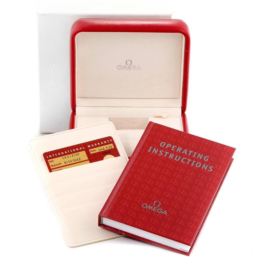 The image shows the Omega Planet Ocean 2201.51.00 Men
s Stainless Steel Black Dial 2201.51.00 Men
s Stainless Steel Black Dial watch box, warranty card in a holder, and an operating instructions manual.