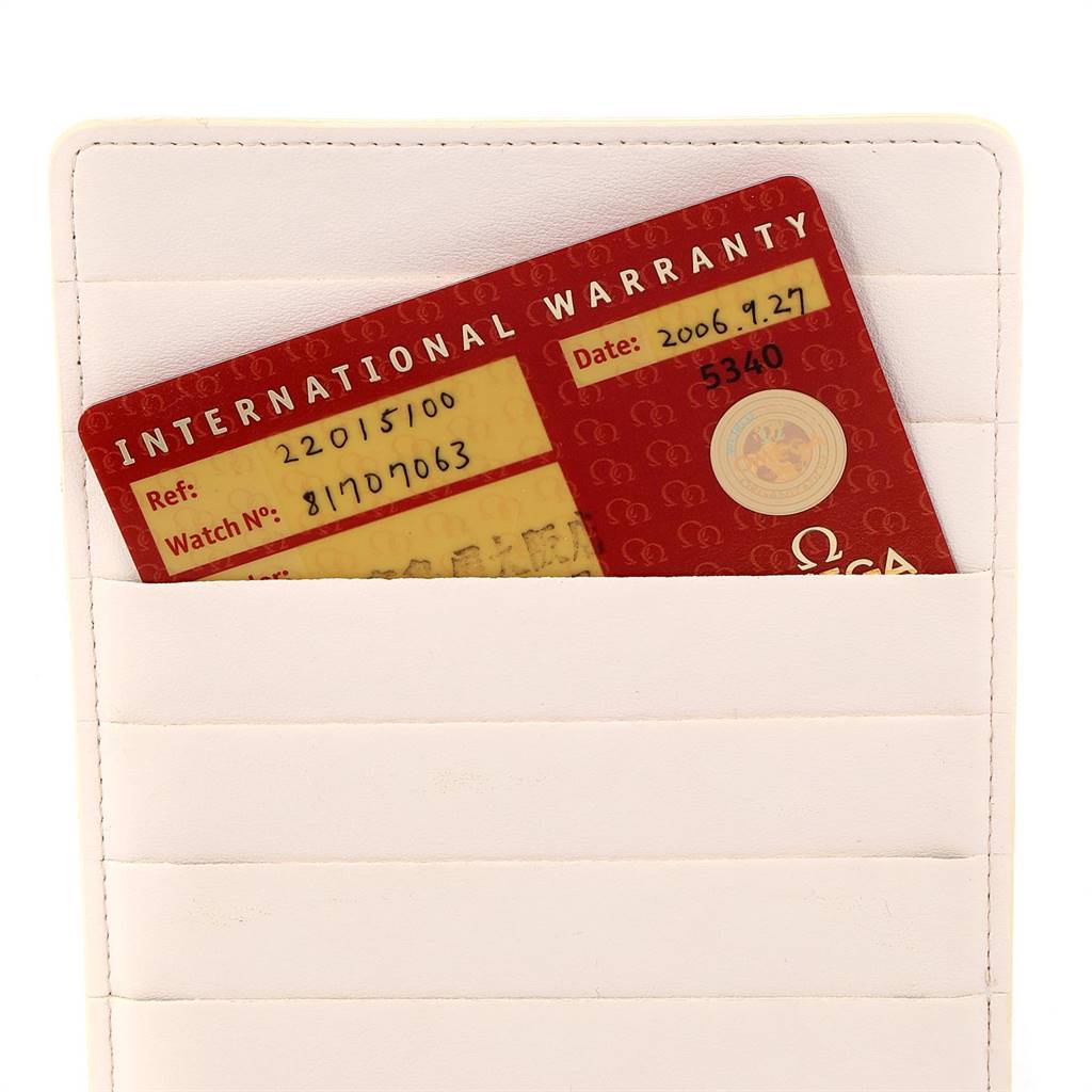 The image shows an Omega International Warranty card for a Planet Ocean model, partially inside a white card holder.