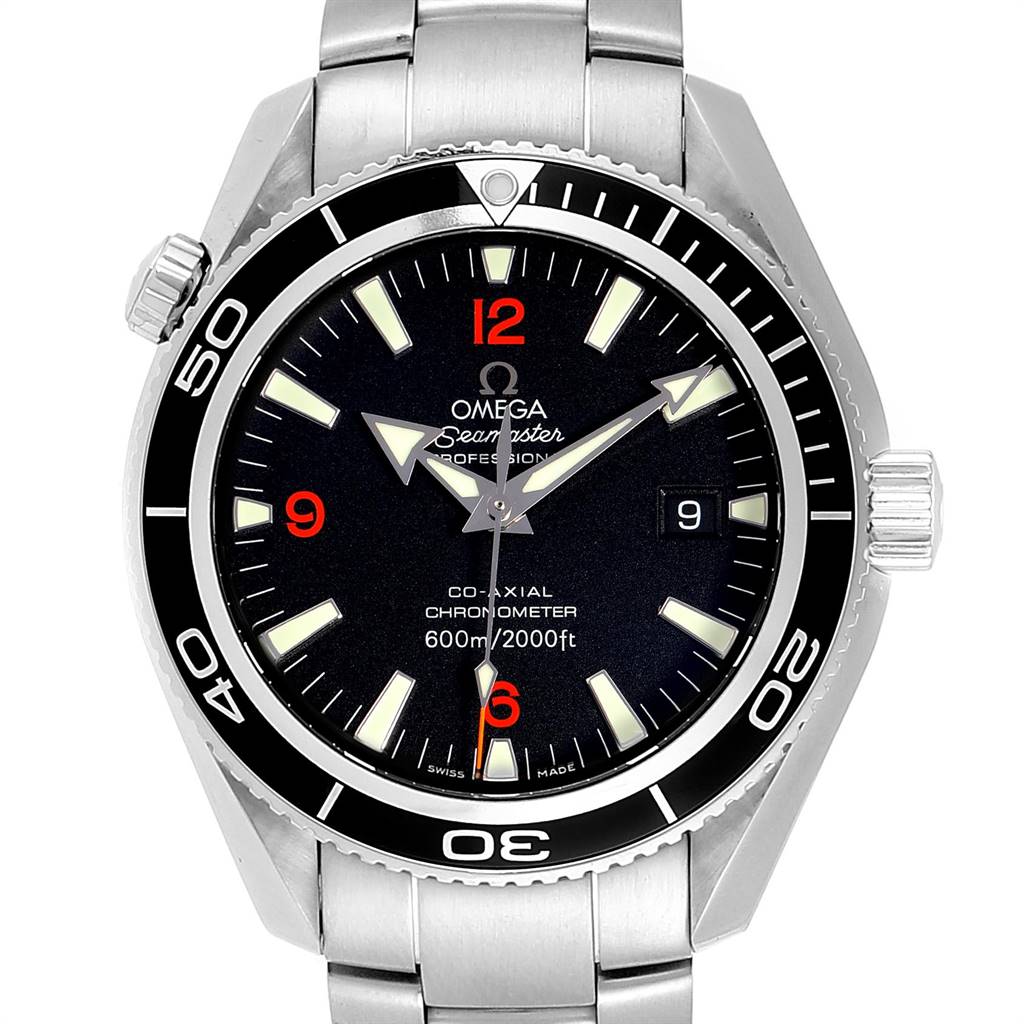 The image shows a front view of the Omega Planet Ocean 2201.51.00 Men
s Stainless Steel Black Dial 2201.51.00 Men
s Stainless Steel Black Dial watch, highlighting the dial, bezel, and part of the bracelet.