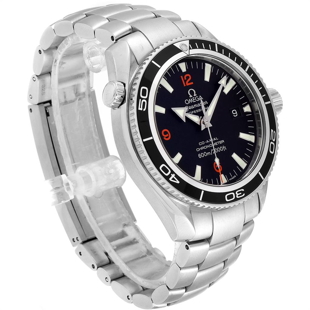 The Omega Planet Ocean 2201.51.00 Men
s Stainless Steel Black Dial 2201.51.00 Men
s Stainless Steel Black Dial watch is shown at a slight angle, displaying the face, bezel, crown, and part of the bracelet.