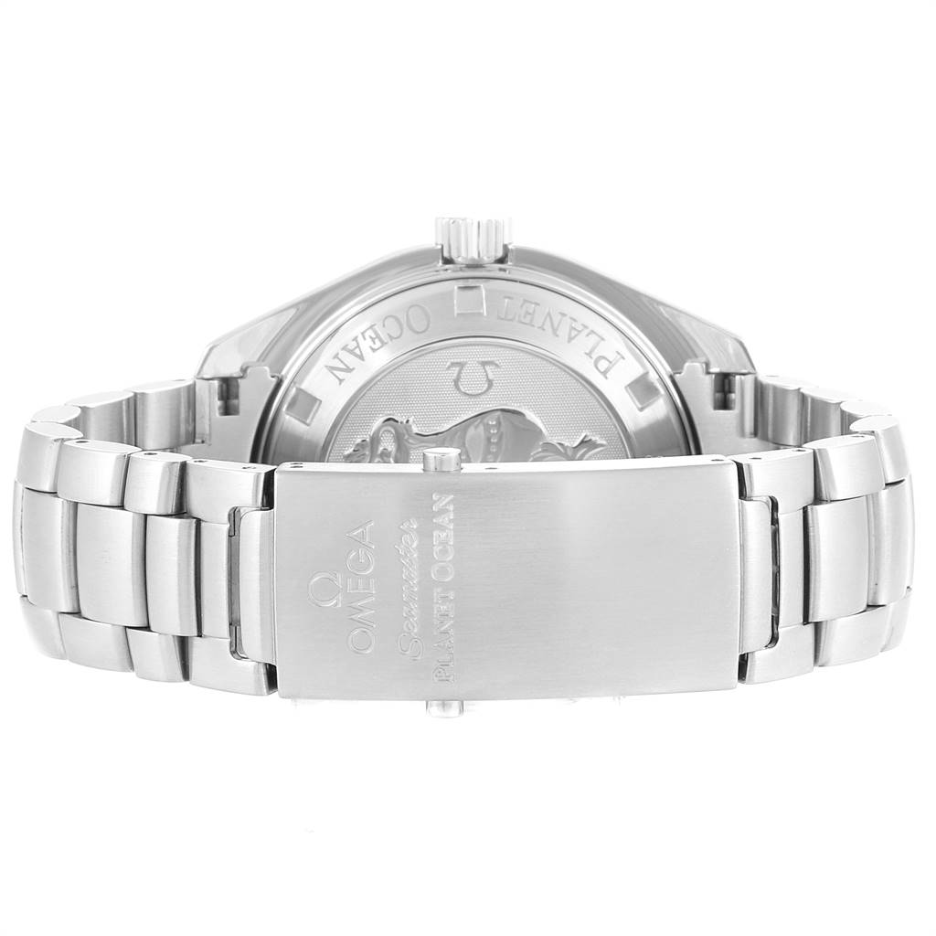 This image shows the back of the Omega Planet Ocean 2201.51.00 Men
s Stainless Steel Black Dial 2201.51.00 Men
s Stainless Steel Black Dial watch, highlighting the clasp and case back.