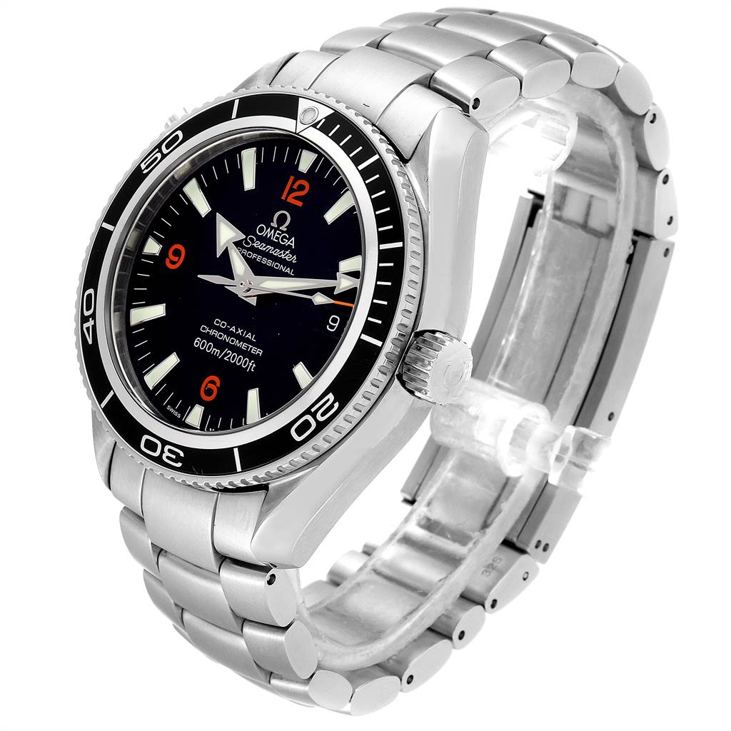 The image shows the Omega Planet Ocean 2201.51.00 Men
s Stainless Steel Black Dial 2201.51.00 Men
s Stainless Steel Black Dial watch from an angled front view, highlighting the dial, bezel, crown, and bracelet.