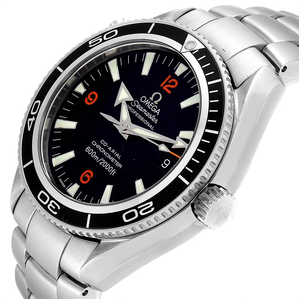 The Omega Planet Ocean 2201.51.00 Men
s Stainless Steel Black Dial 2201.51.00 Men
s Stainless Steel Black Dial watch is shown from an angled side view, highlighting its dial, bezel, and bracelet.