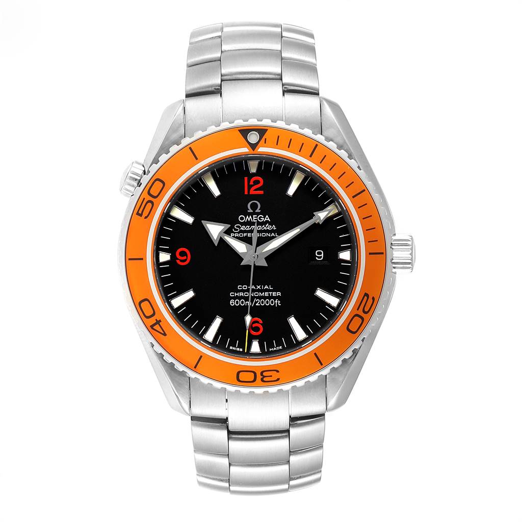 The Omega Planet Ocean 2208.50.00 Men
s Stainless Steel Black Dial 2208.50.00 Men
s Stainless Steel Black Dial watch is shown from the front, displaying its orange bezel, black dial, and stainless steel bracelet.