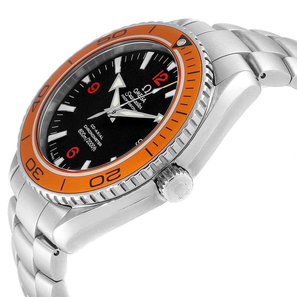 The image shows a side angle of the Omega Planet Ocean 2208.50.00 Men
s Stainless Steel Black Dial 2208.50.00 Men
s Stainless Steel Black Dial watch, highlighting its orange bezel, crown, and stainless steel bracelet.