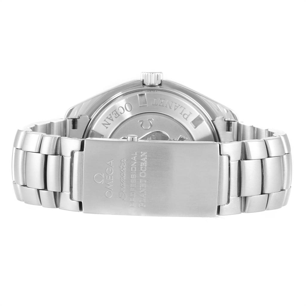 The image shows the back case and metal bracelet clasp of the Omega Planet Ocean 2208.50.00 Men
s Stainless Steel Black Dial 2208.50.00 Men
s Stainless Steel Black Dial watch.