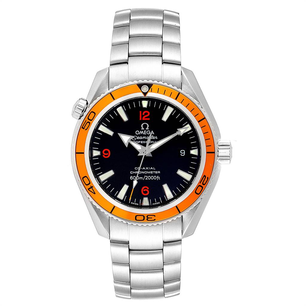 The Omega Planet Ocean 2209.50.00 Men
s Stainless Steel Black Dial 2209.50.00 Men
s Stainless Steel Black Dial model watch is shown from the front, displaying the dial, bezel, crown, and metal bracelet.