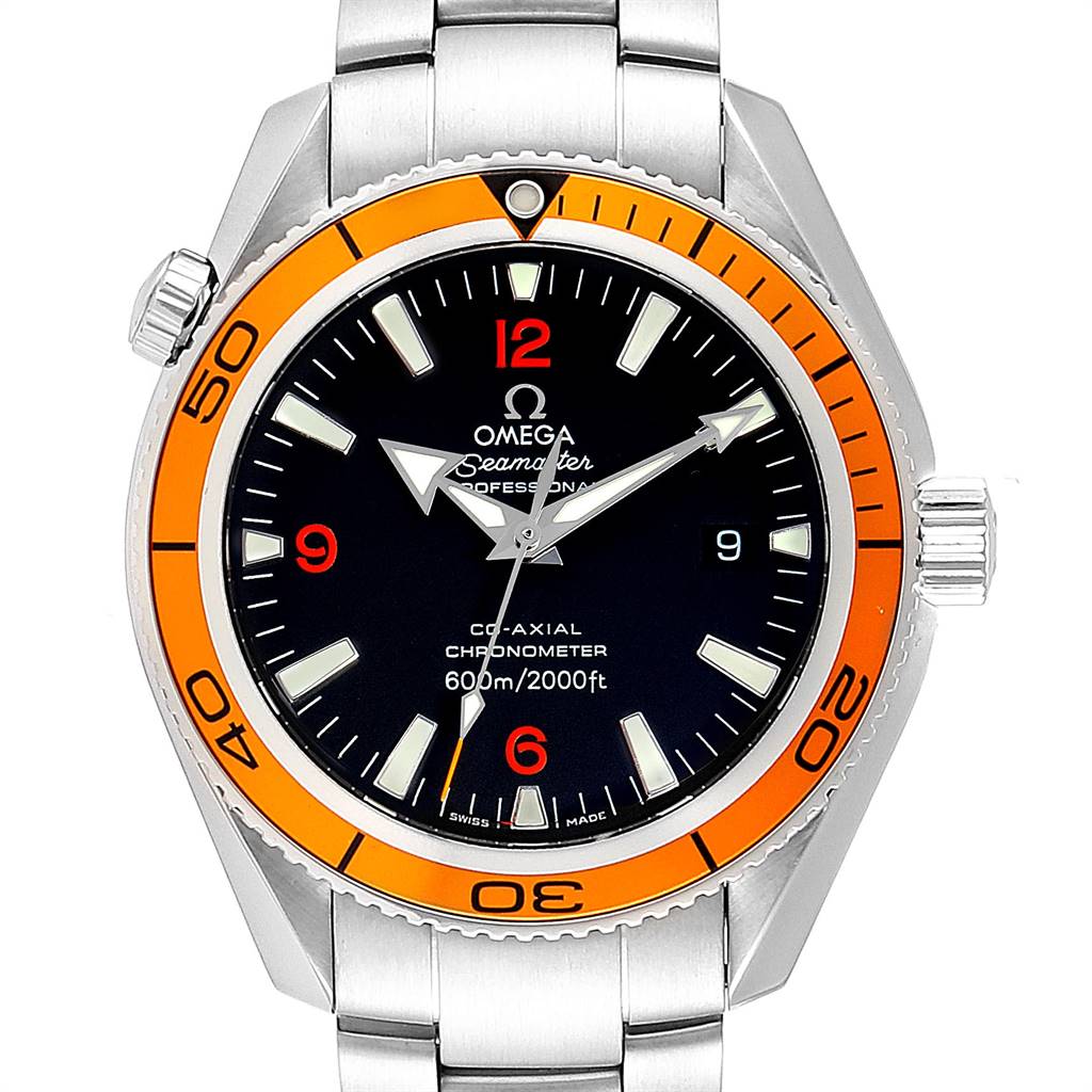 The Omega Planet Ocean 2209.50.00 Men
s Stainless Steel Black Dial 2209.50.00 Men
s Stainless Steel Black Dial watch is shown from a front angle, highlighting the dial, bezel, crown, and bracelet.