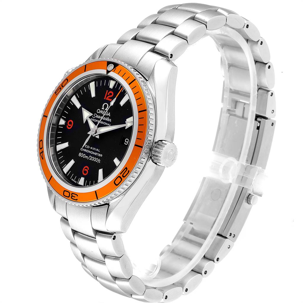 The Omega Planet Ocean 2209.50.00 Men
s Stainless Steel Black Dial 2209.50.00 Men
s Stainless Steel Black Dial watch is shown at a side angle, displaying the bracelet, bezel, and face clearly.