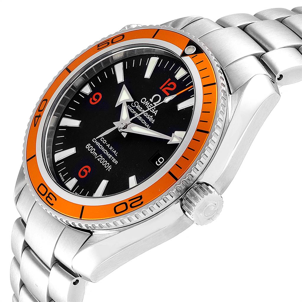 The Omega Planet Ocean 2209.50.00 Men
s Stainless Steel Black Dial 2209.50.00 Men
s Stainless Steel Black Dial watch is shown from an angled side view, highlighting its stainless steel bracelet, orange bezel, and crown.