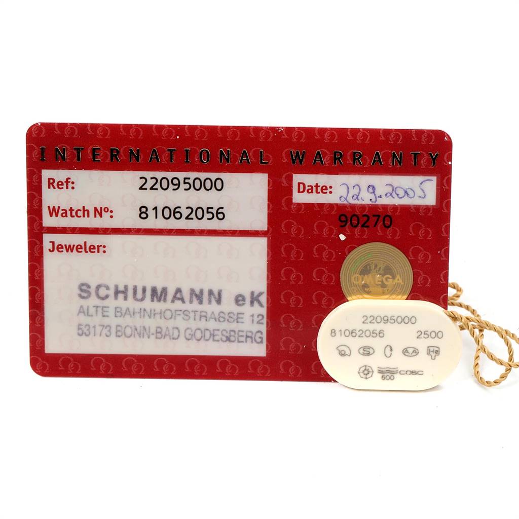 The image shows the international warranty card and tag for the Omega Planet Ocean 2209.50.00 Men
s Stainless Steel Black Dial 2209.50.00 Men
s Stainless Steel Black Dial watch model.